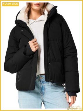 Women Cropped Puffer Jacket Faux Fur Lined Quilted Hooded Winter Coat